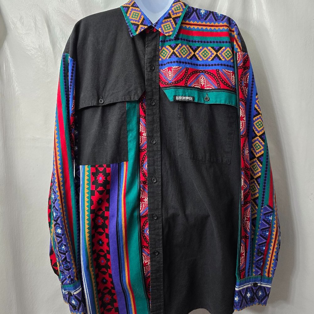 Rough Rider Aztec Western Shirt L Colorblock Horse Cowboy Rodeo Vintage 90s l/s